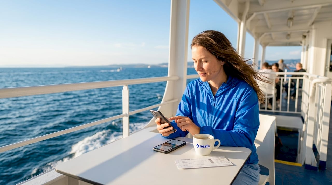 Ferry passenger browsing internet onboard