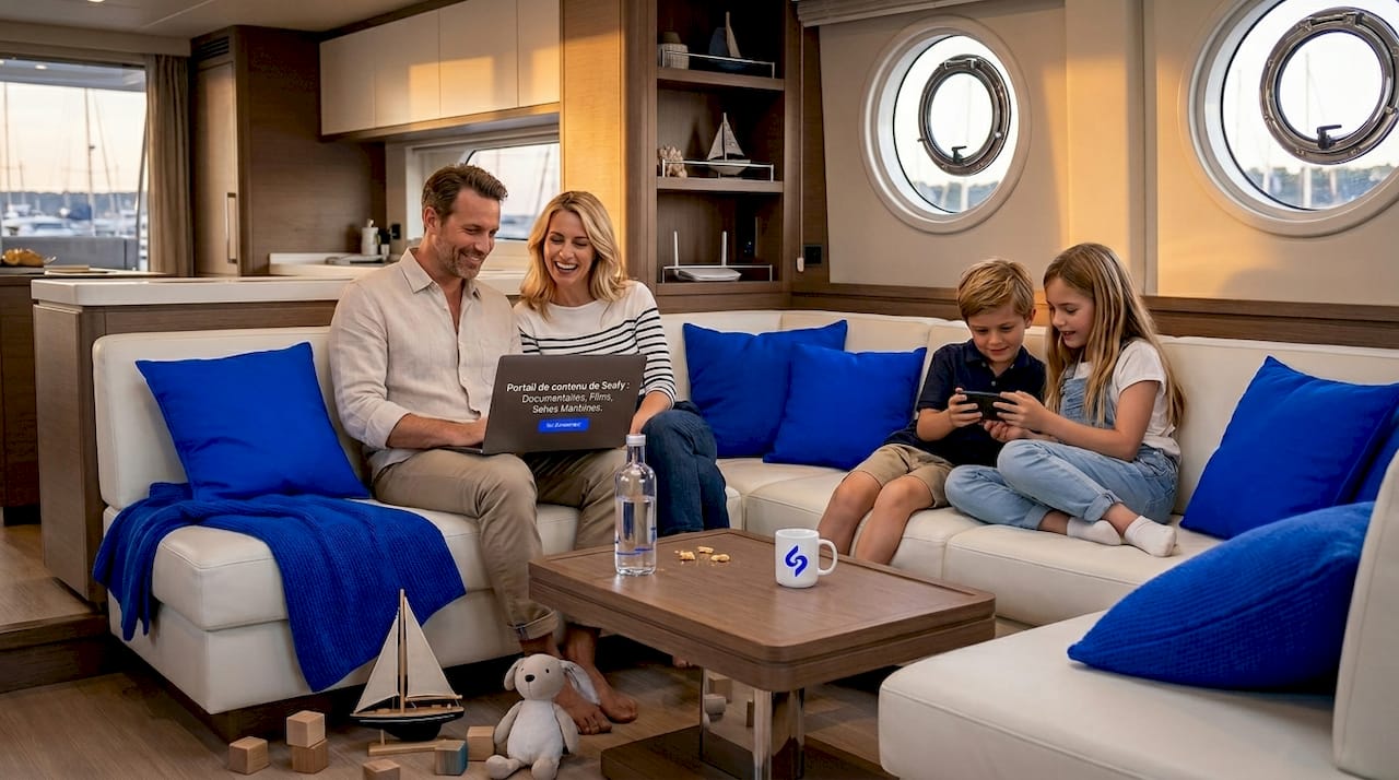 Une famille profite de contenus numériques à bord pour se divertir et partager des moments ensemble.