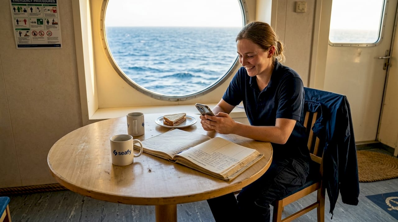 Crew member using smartphone in ship breakroom