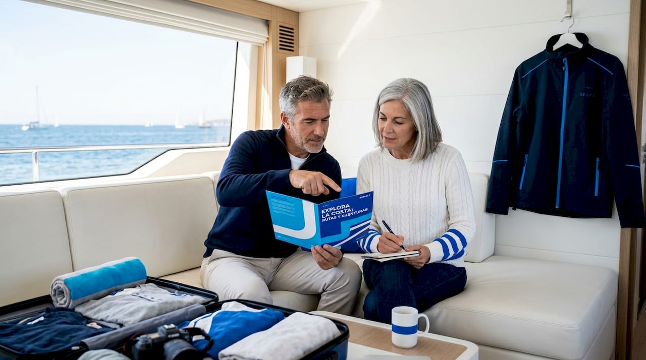 Una pareja organiza su próxima excursión en crucero mientras revisa juntos un mapa.