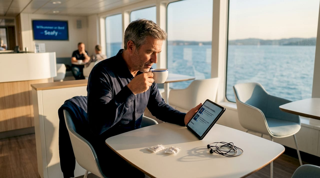 Ein Mann sitzt im Café auf der Fähre und lädt sich Podcasts aufs Handy herunter.