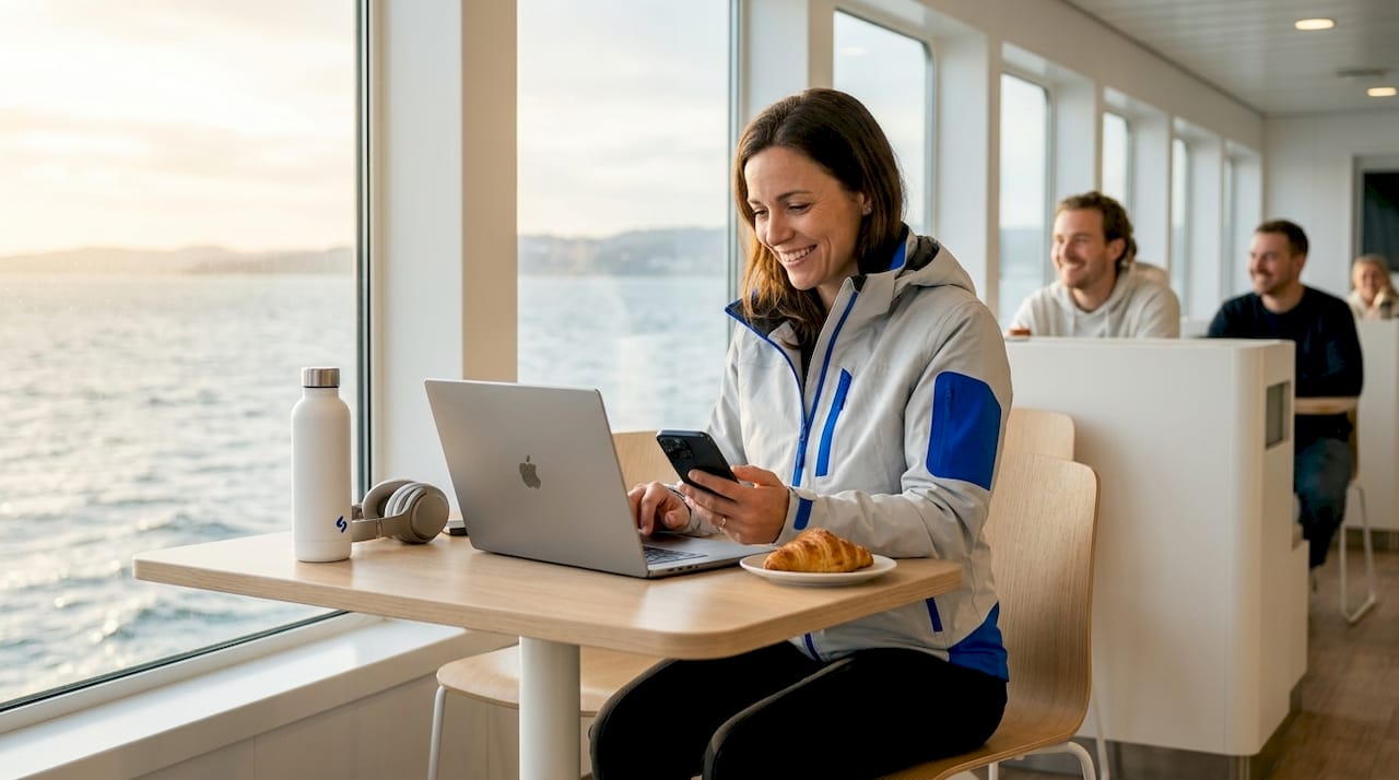 Une passagère propose de partager sa connexion mobile avec d’autres voyageurs à bord du ferry.