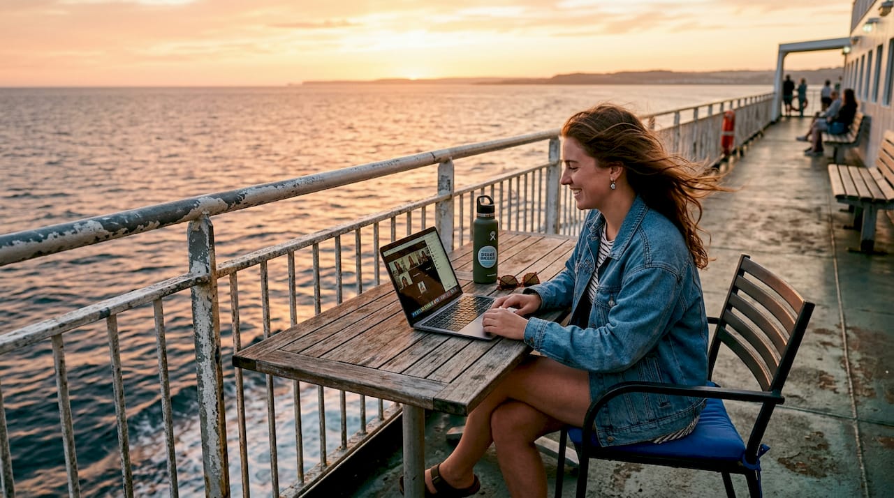 Mujer participando en una videollamada mientras viaja en la cubierta de un ferry