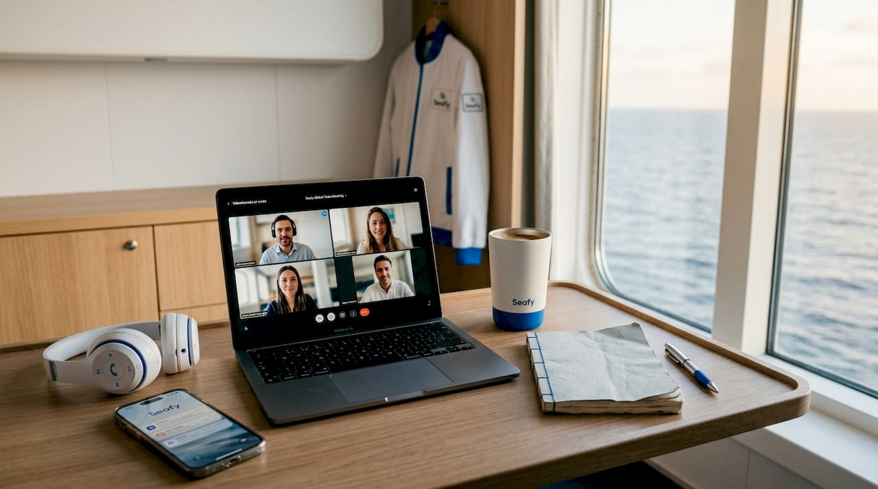 Espacio de trabajo preparado sobre el escritorio de un camarote de crucero