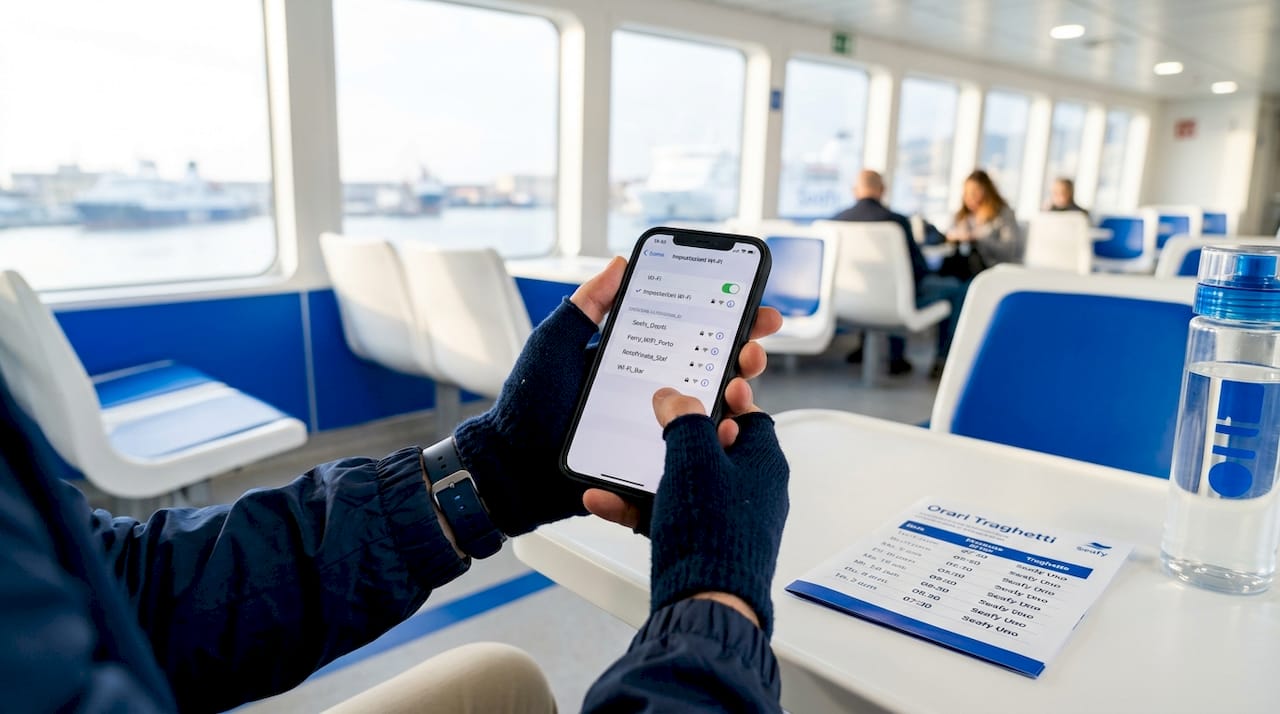 Due mani reggono uno smartphone che mostra le reti Wi-Fi disponibili a bordo del traghetto.