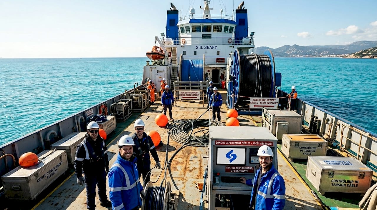 Un navire câblier procède actuellement à la pose de câbles sous-marins en Méditerranée.