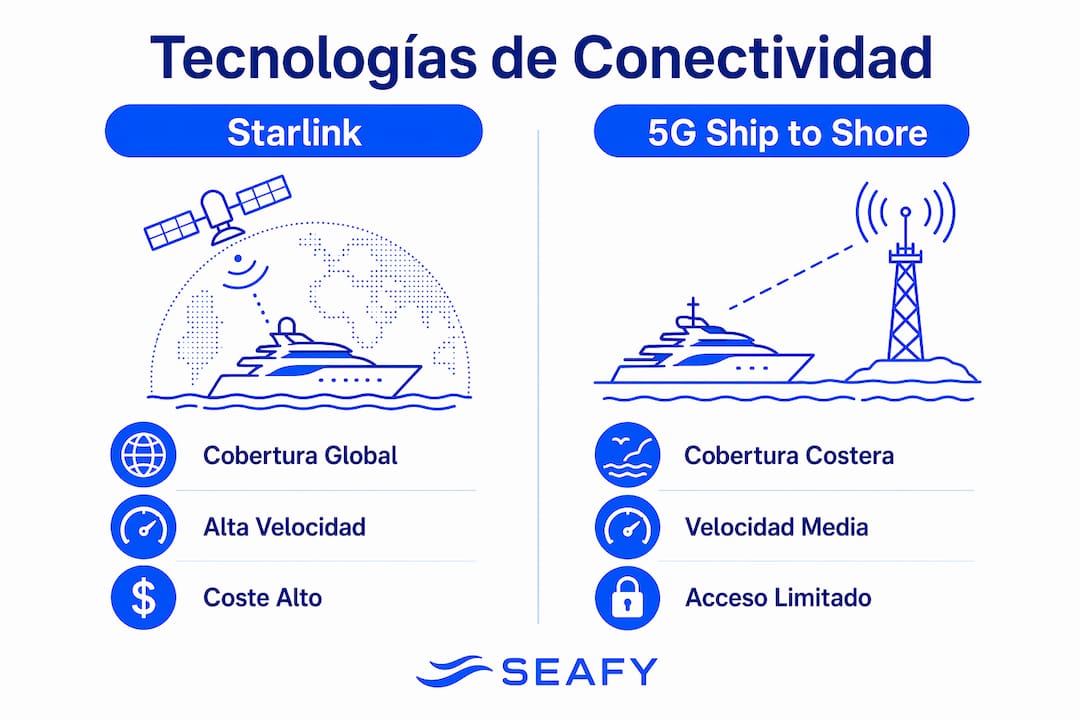 Infografía comparativa sobre las principales tecnologías de conectividad marítima