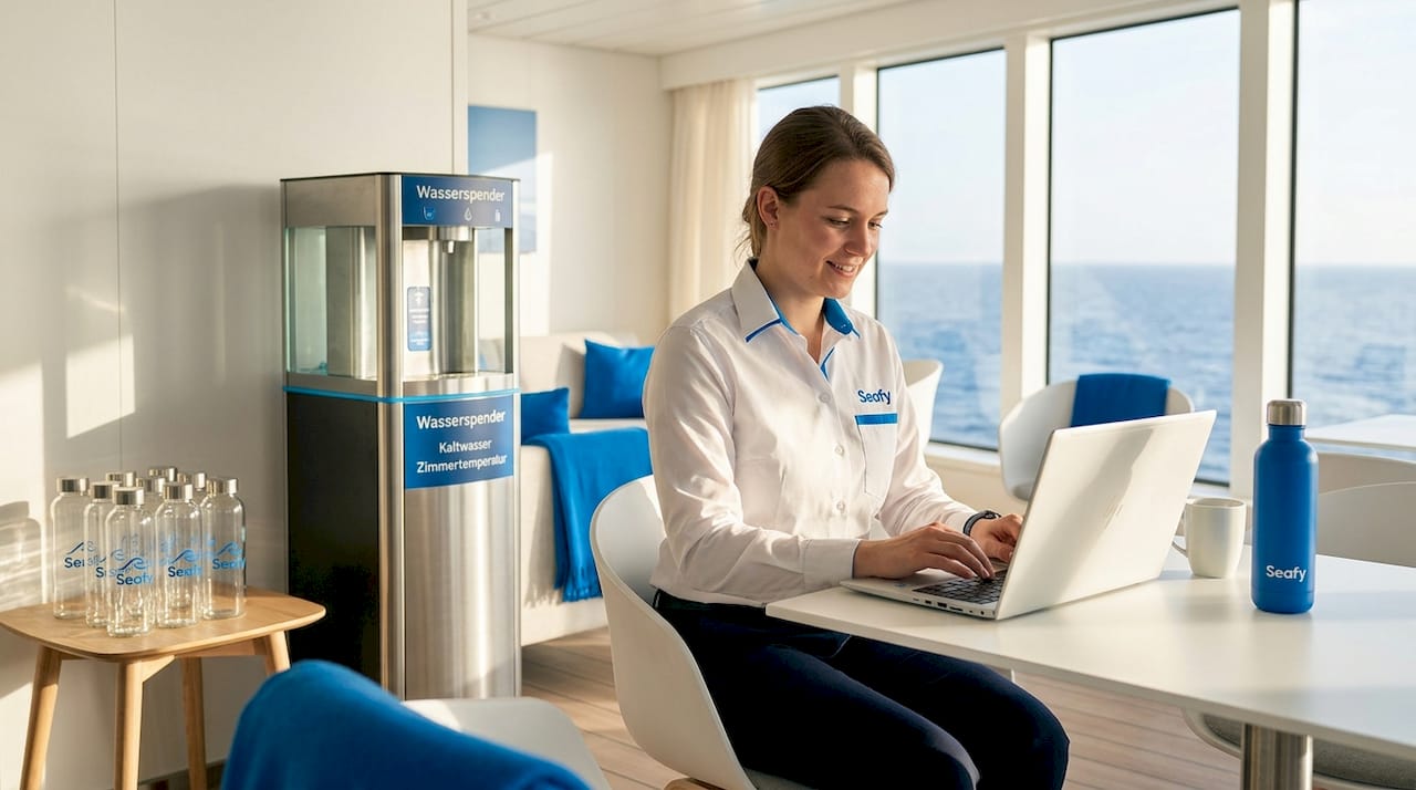 Ein Besatzungsmitglied arbeitet entspannt mit dem Laptop im Aufenthaltsbereich der Fähre und nutzt dabei das bordeigene WLAN.