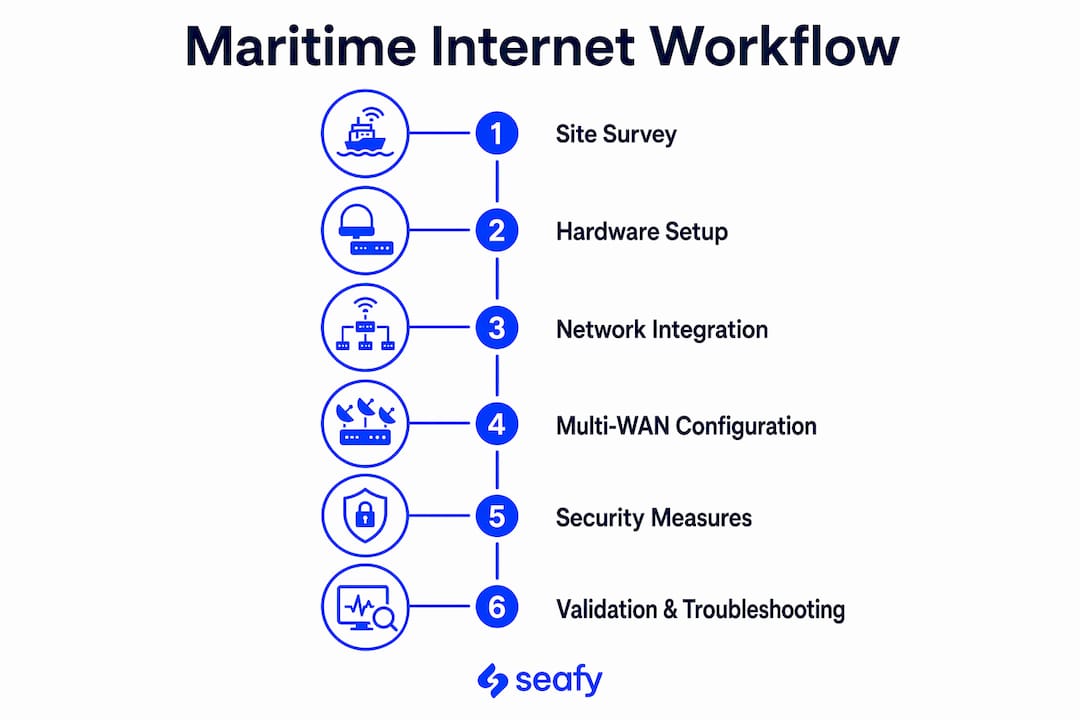 Infographic outlining maritime internet workflow steps