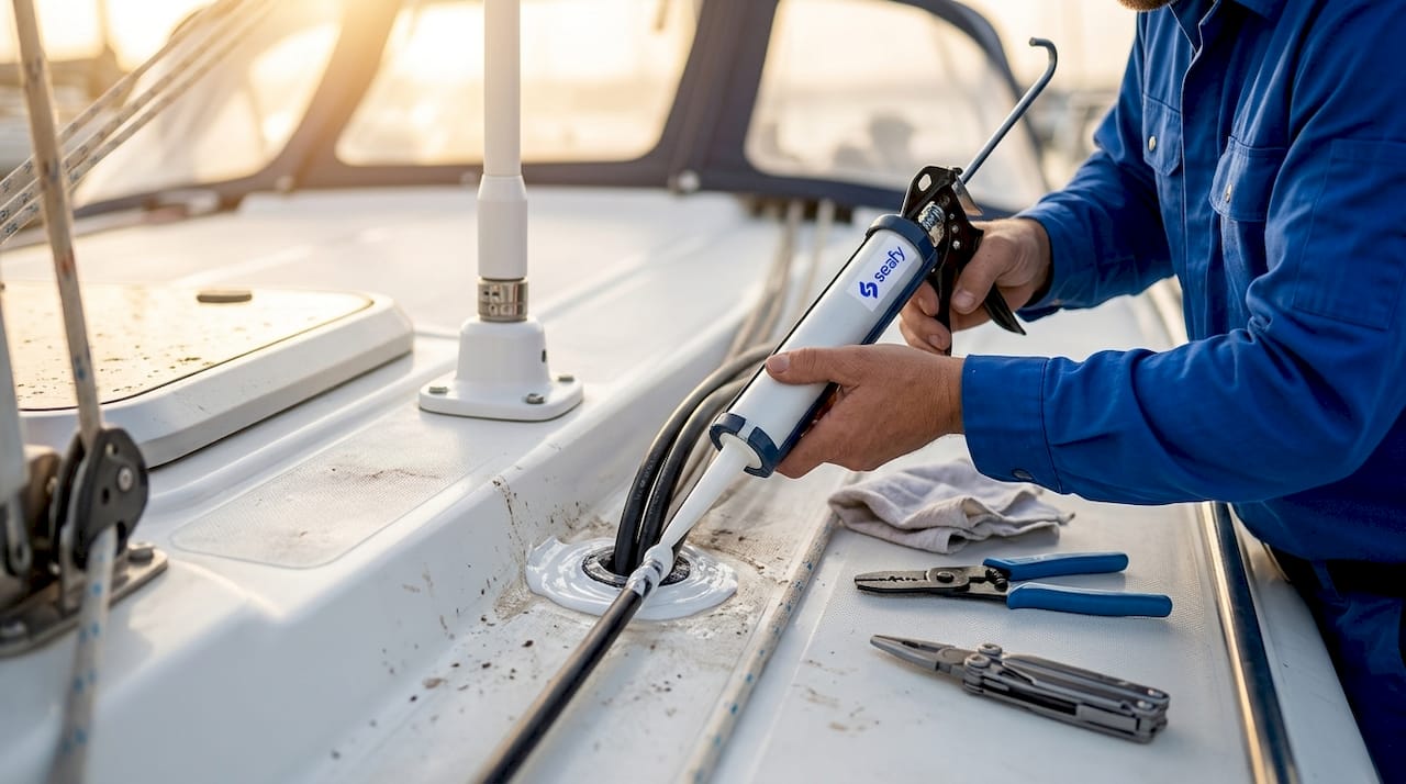 Technician sealing marine-grade cables on sailboat deck