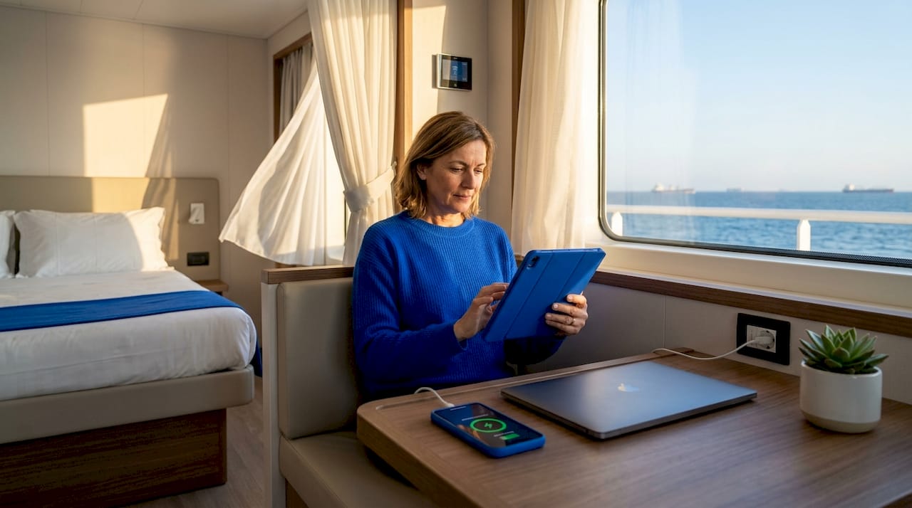 Una passeggera utilizza il tablet nella sua cabina a bordo della nave.