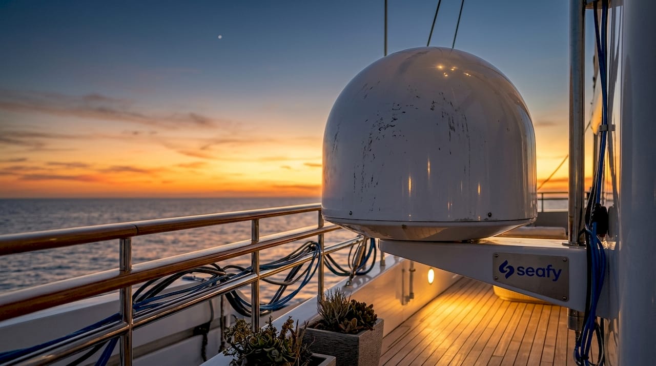 Cruise ship satellite communication antenna close-up