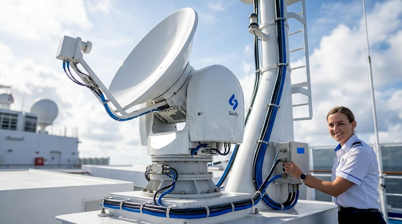 Antenne satellite stabilisée spécialement conçue pour une installation sur le pont des navires