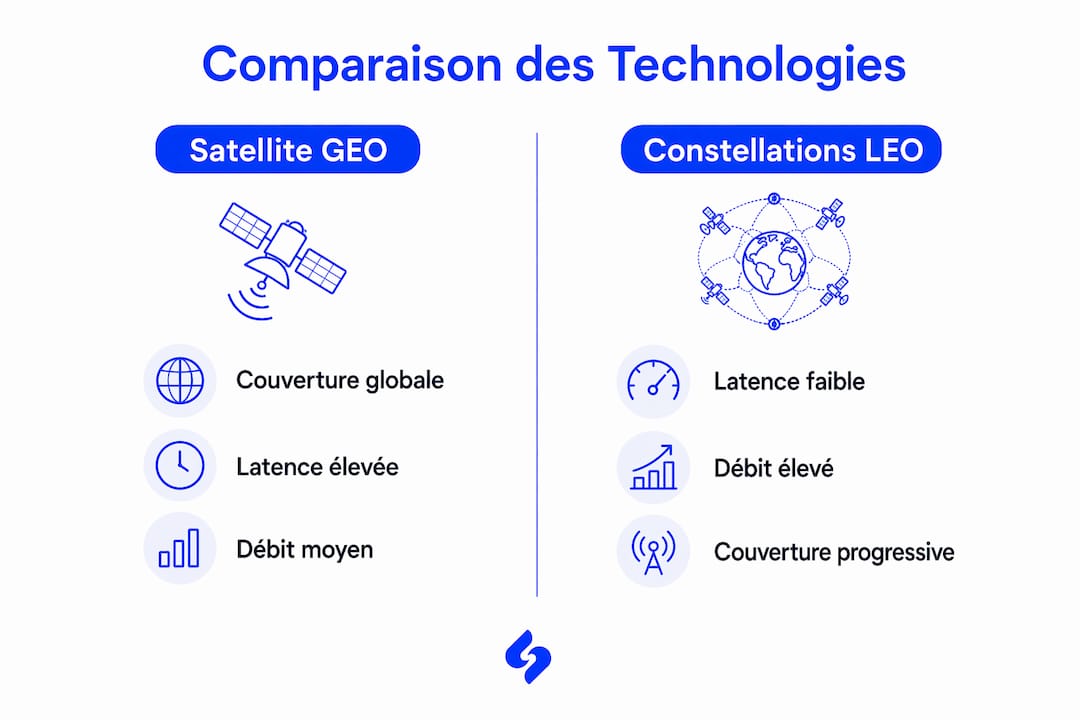 Visualisation illustrant les différences entre les satellites GEO et LEO