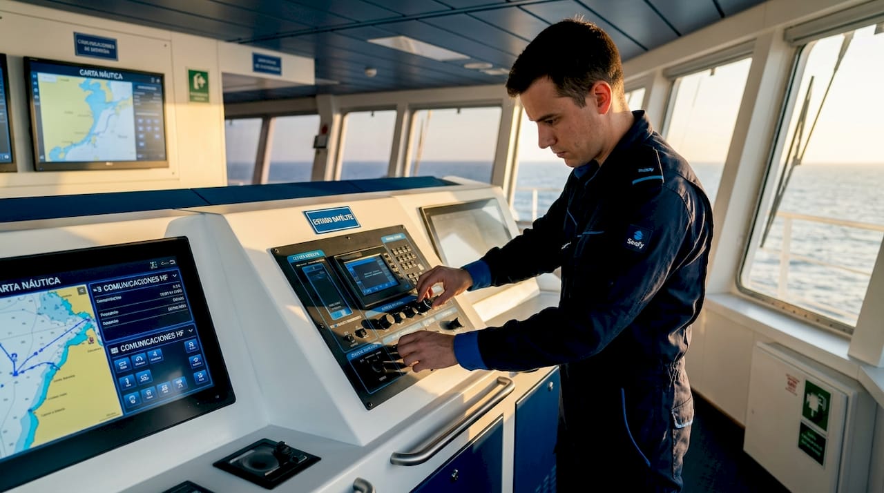 Técnico realizando ajustes en los controles de la antena satelital marina