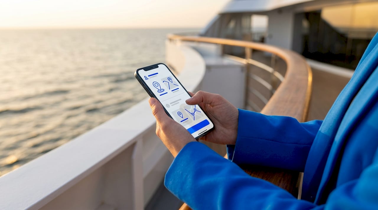 Jemand steht auf dem Deck einer Fähre und nutzt eine Reise-App auf seinem Smartphone.
