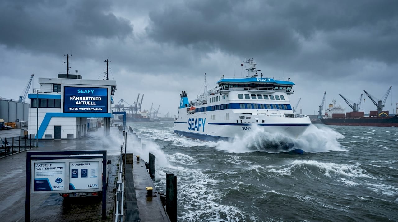 Eine Fähre kämpft sich durch raue See und stürmisches Wetter.