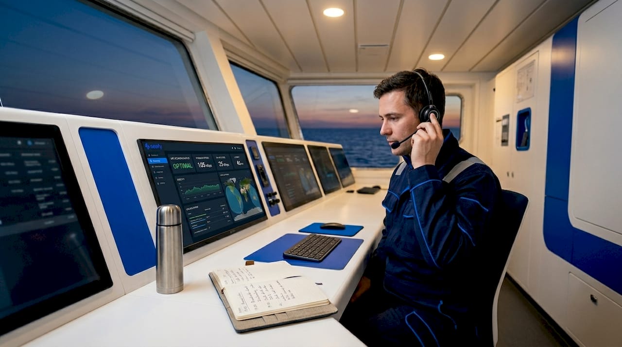 Technician monitors cruise ship satellite internet