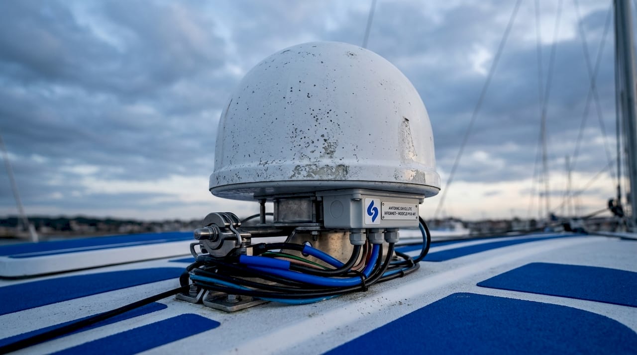Installation d'une antenne satellite sur le pont d'un navire