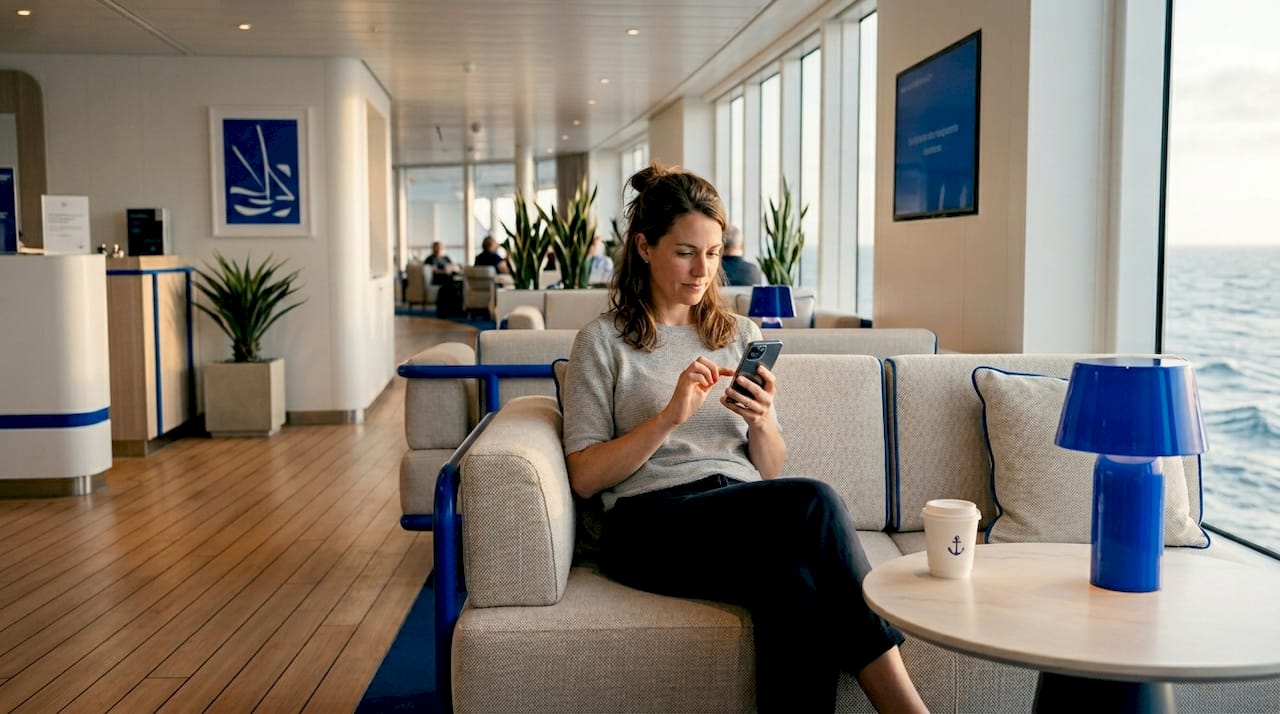 Eine Frau surft mit ihrem Smartphone durch das Entertainment-Portal an Bord.