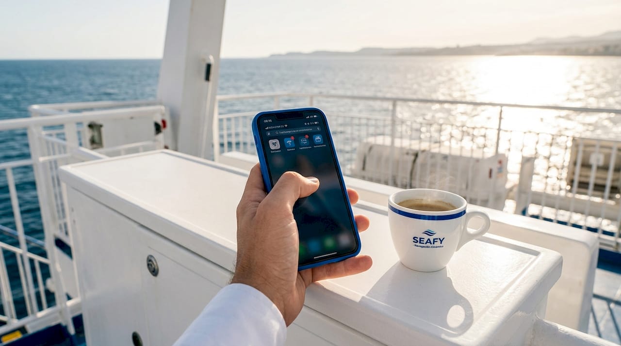 Persona sosteniendo un móvil que muestra señal de datos móviles mientras viaja en ferry