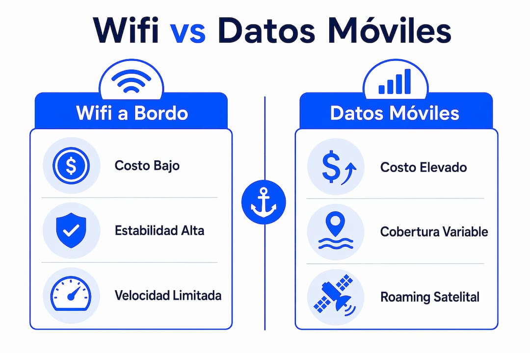 Infografía: diferencias entre el wifi a bordo y el uso de datos móviles en alta mar