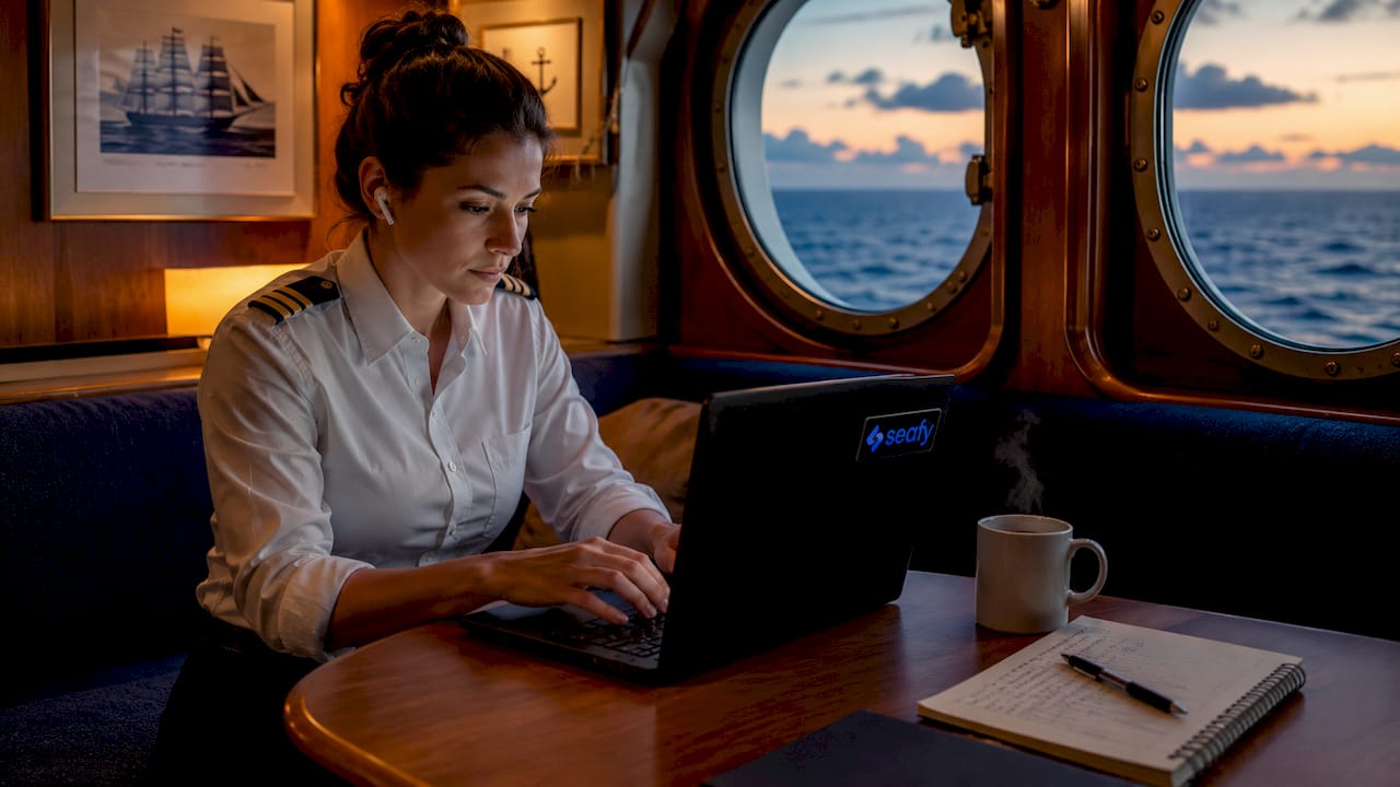 Seafarer working on laptop in ship lounge