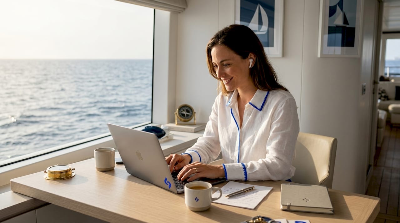 Une femme télétravaille dans la cabine d’un ferry, profitant du voyage pour avancer sur ses dossiers.