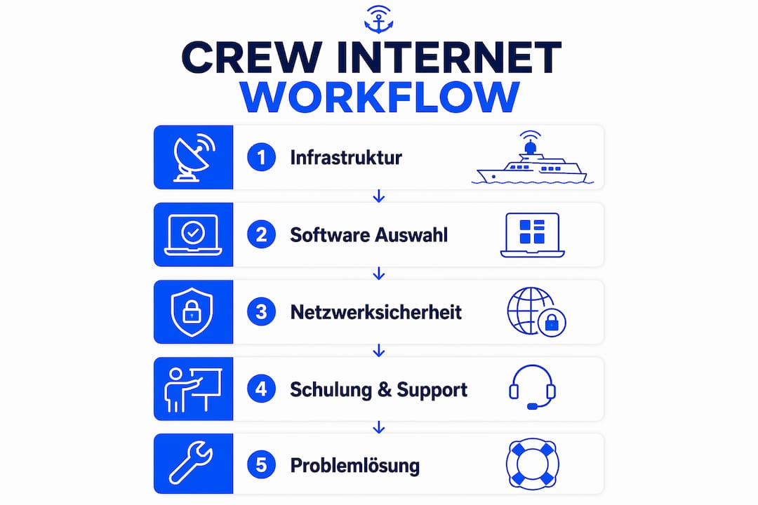 Übersichtsgrafik: Die einzelnen Schritte des Crew-Internet-Workflows auf einen Blick