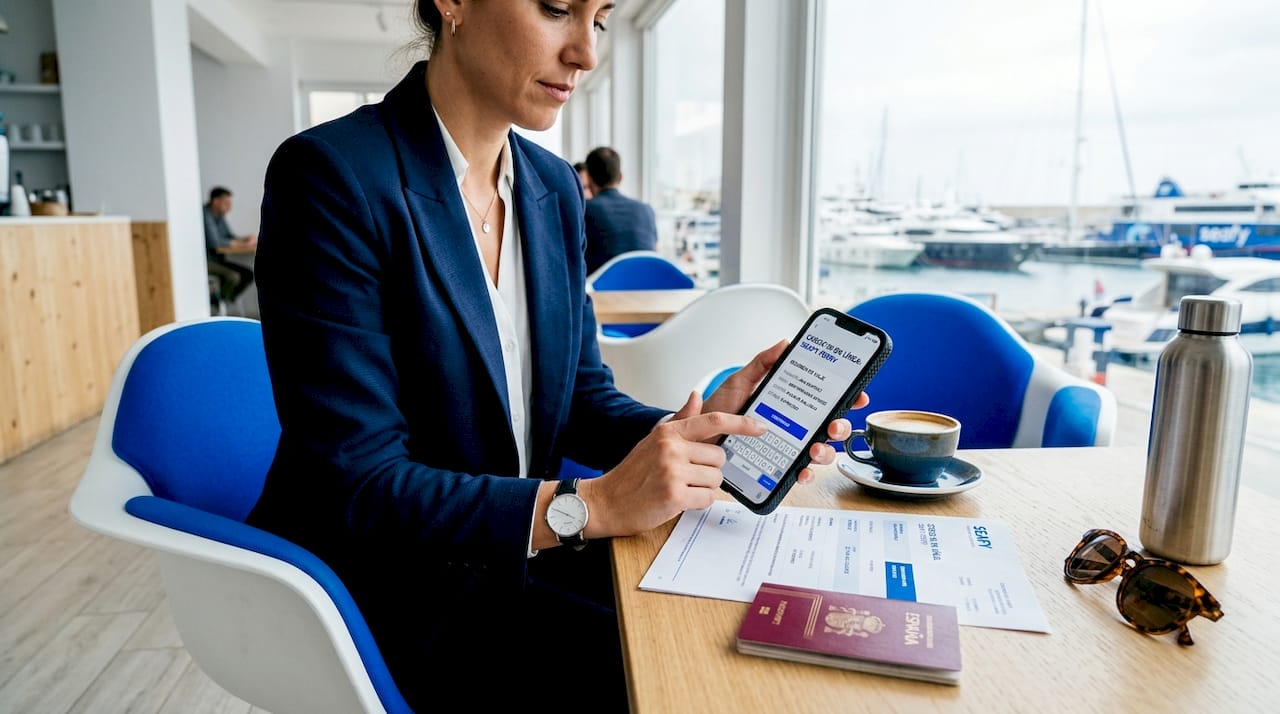 Persona realizando el check-in digital para su viaje en barco desde el móvil