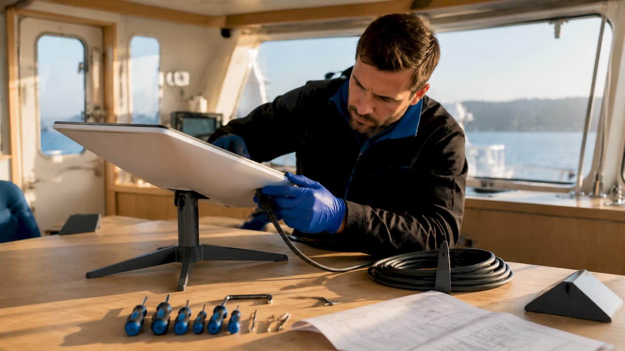 Tecnici al lavoro sul banco di una nave stanno montando i componenti hardware di Starlink.