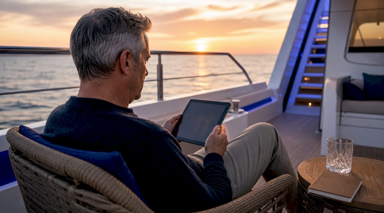 Hombre de mediana edad disfruta de su portal de entretenimiento en una tablet