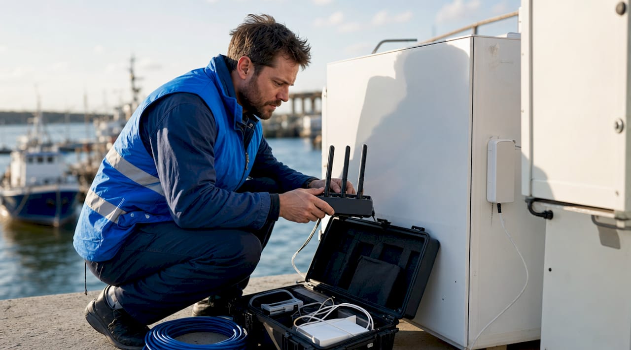 Un técnico realiza la instalación del sistema de conectividad en la cubierta de un ferry.