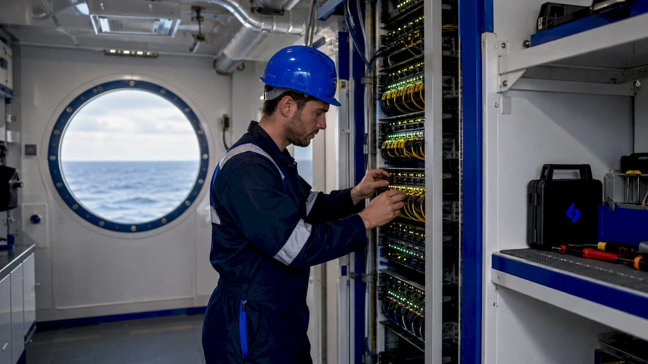 Un technicien en train d’installer un panneau d’isolation sur un réseau de câblage.