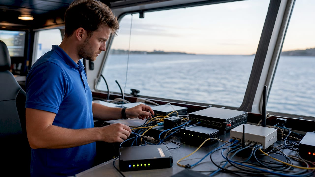 Ein Techniker kümmert sich um die Netzwerktechnik an Bord.