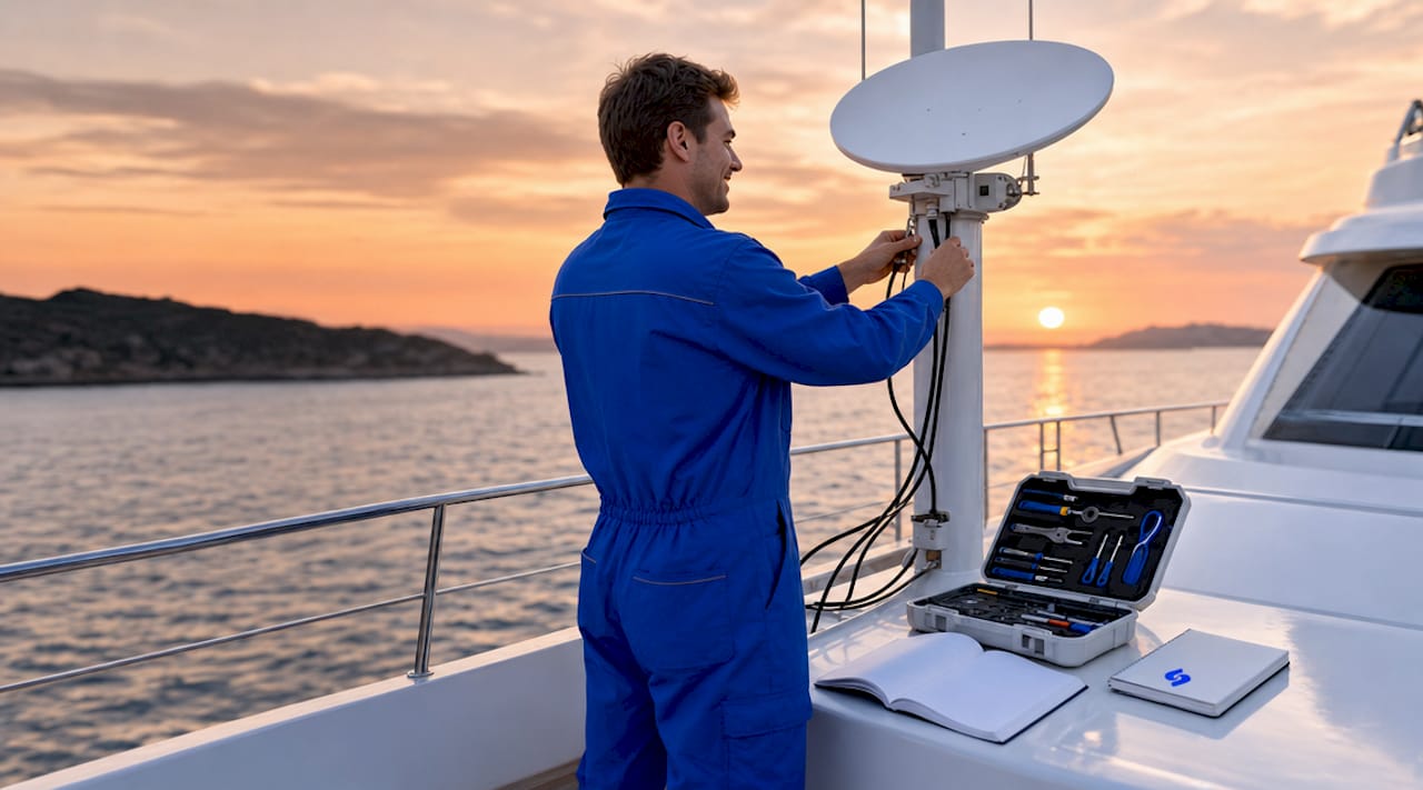 Un technicien intervient à bord pour régler l’antenne satellite.