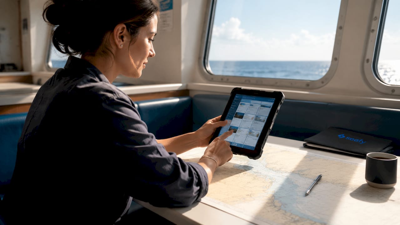 Hands using offline maritime training tablet on ship desk