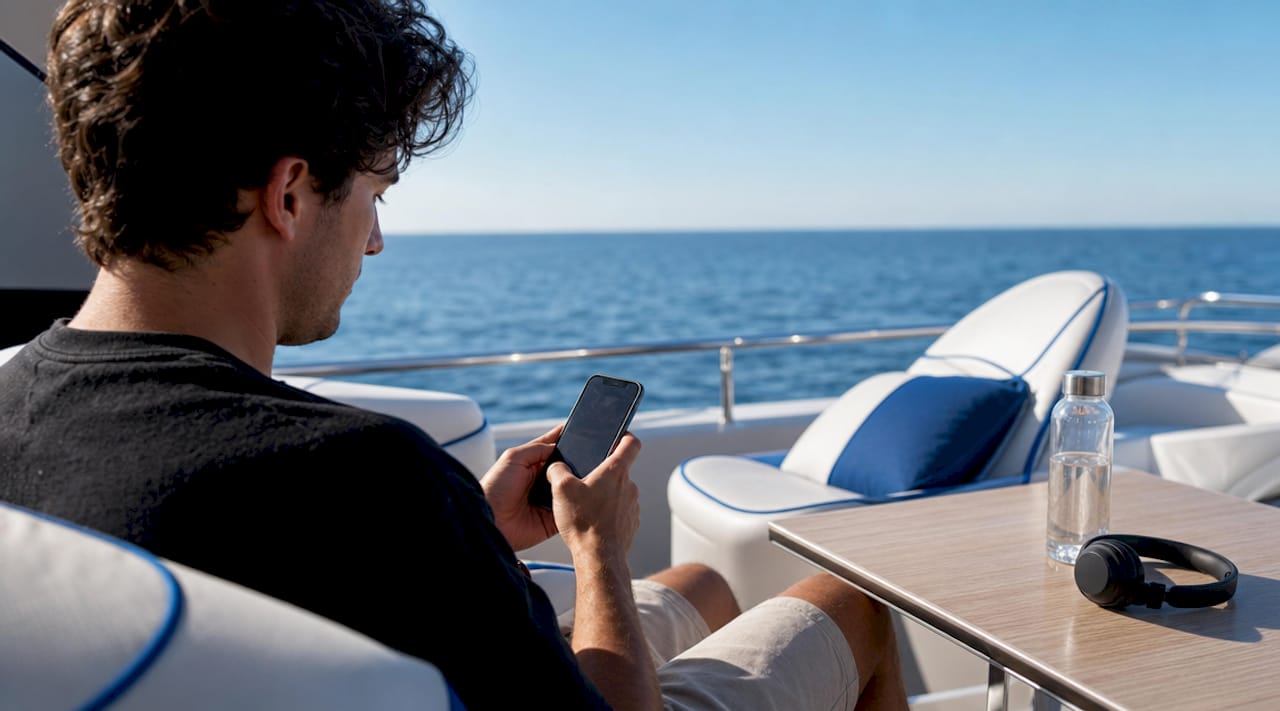 Chico disfrutando de su móvil para entretenerse mientras viaja en un crucero