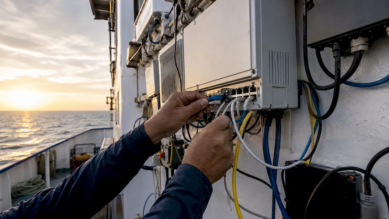 Manos manipulando cables en los switches de la red a bordo del barco.