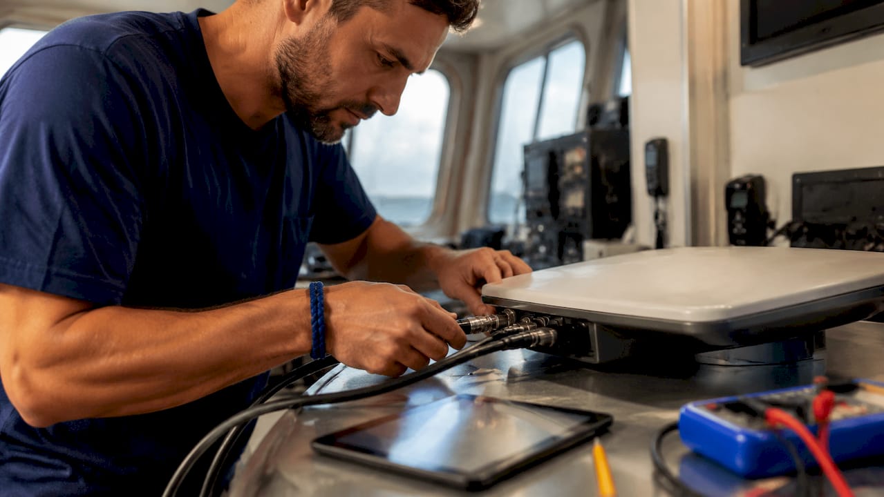 Tecnico al lavoro sull’installazione dei cavi satellitari Starlink a bordo di una nave