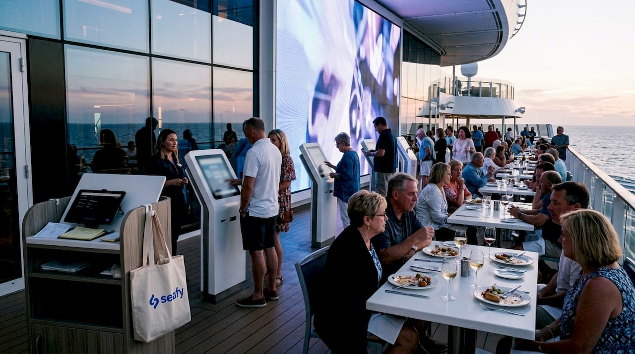Modern cruise ship dining with digital interactive displays