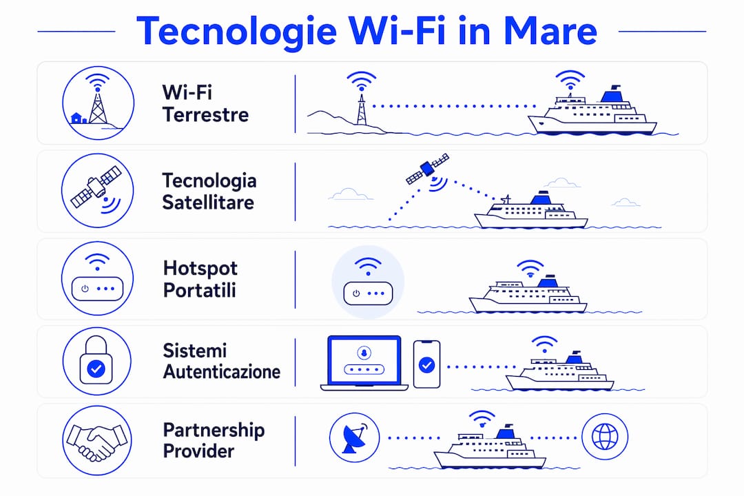 Infografica che illustra l’evoluzione delle tecnologie Wi-Fi utilizzate in ambito marittimo