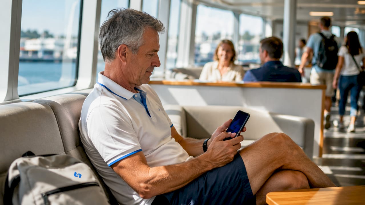 Un homme profite de son trajet en ferry pour consulter des contenus numériques personnalisés.