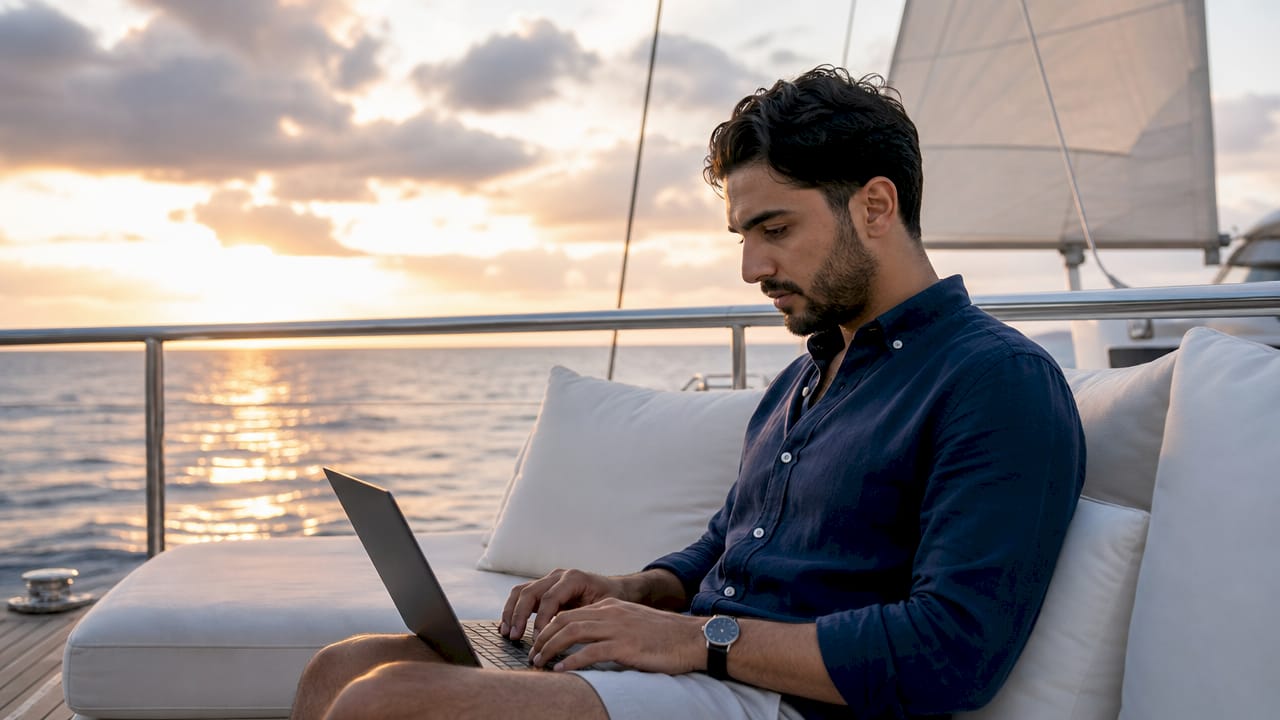 Ein Mann sitzt auf dem Balkon eines Kreuzfahrtschiffs und arbeitet entspannt an seinem Laptop.