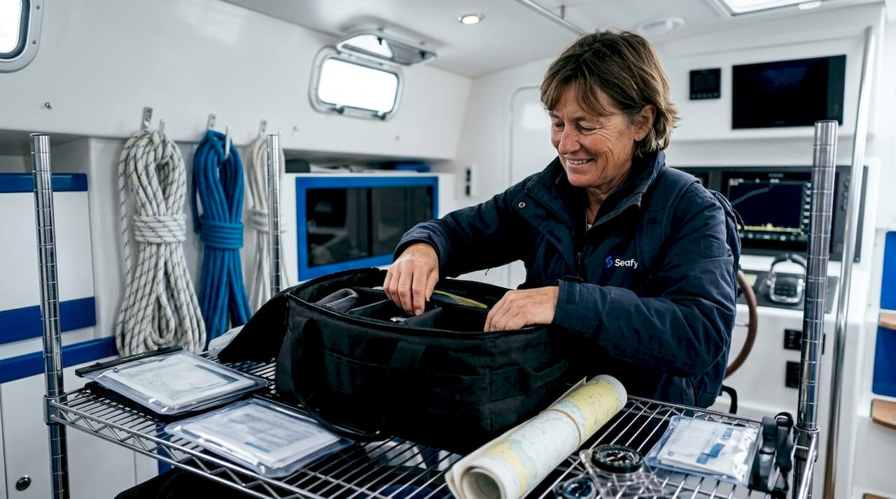 Un marin range soigneusement son équipement professionnel dans la cabine du navire, veillant à ce que tout soit prêt pour la prochaine navigation.