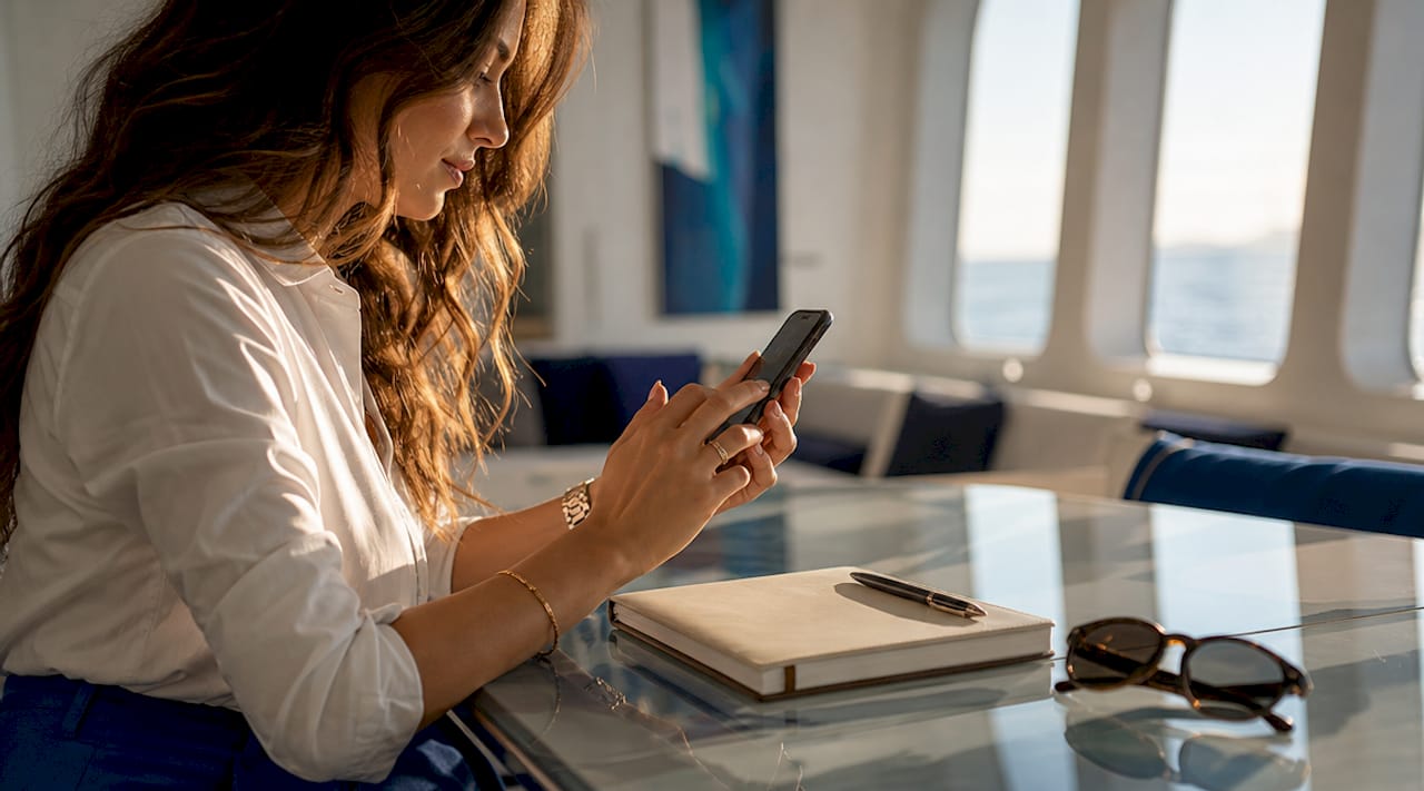 Eine Frau plant ihre Reise mit einer App auf dem Smartphone.