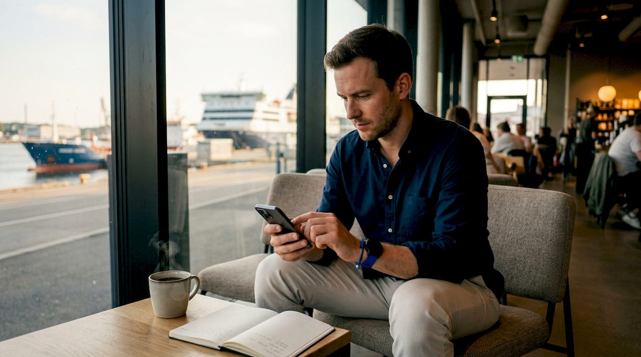Uomo che configura l’eSIM sul suo smartphone comodamente da casa
