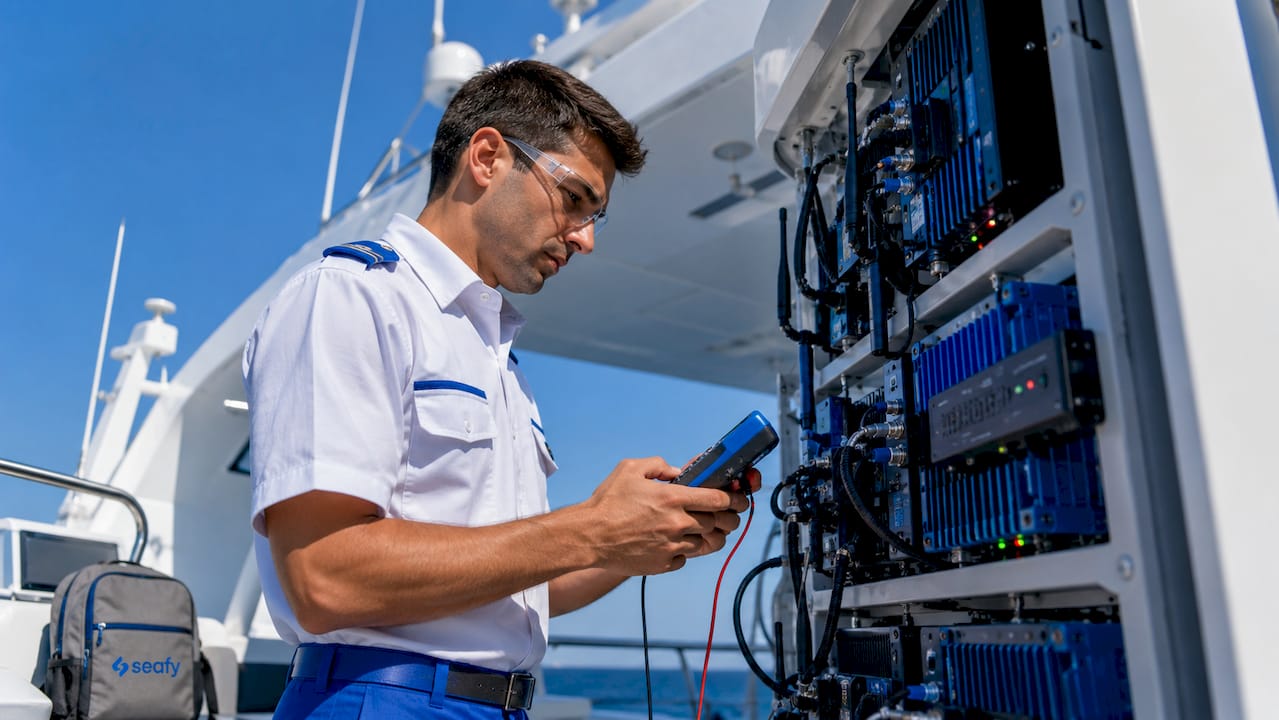 Technical officer checking vessel IoT gateways indoors