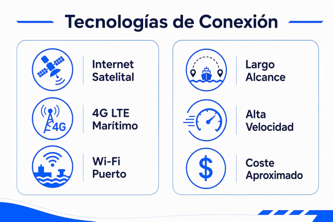 Comparativa visual de las principales tecnologías de conectividad en alta mar