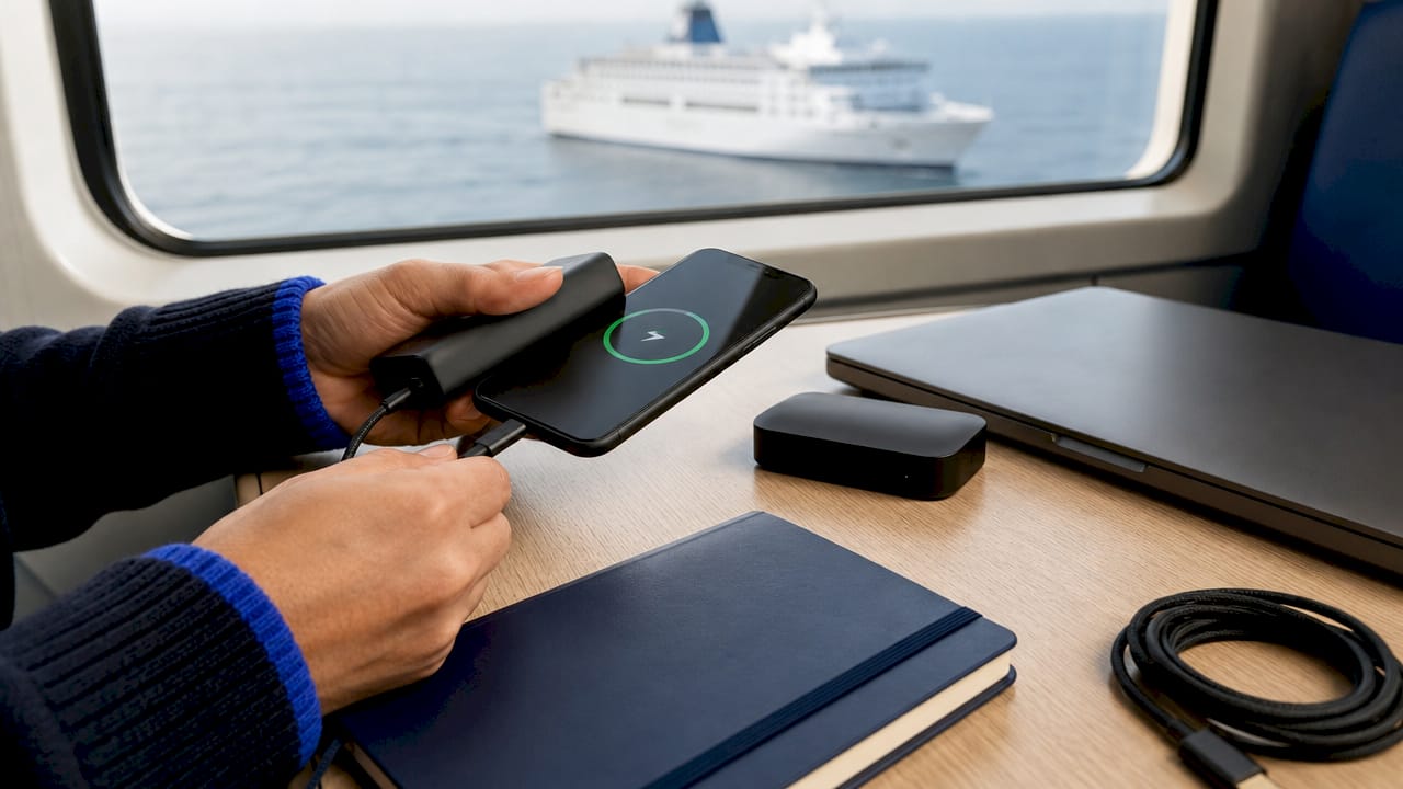 Mani che collegano una batteria portatile a vari dispositivi all’interno della cabina di un traghetto